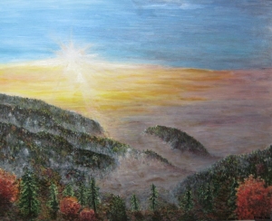 Sunset from a hill, oil on canvas