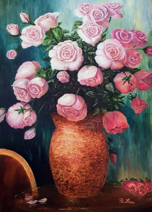 Roses in copper vase, oil on canvas