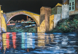 Mostar Bridge by Night, perlescent water color on paper