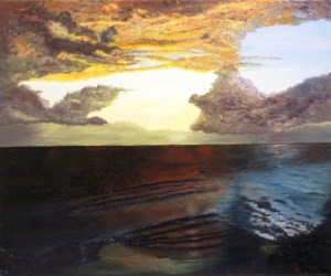 Sunset on the beach, oil on canvas