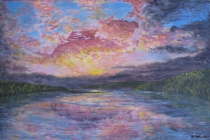 Sunset on a lake, oil on canvas