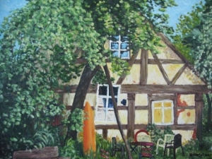 Old timbered house, oil on canvas