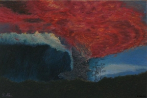 Erupting volcano, oil on canvas