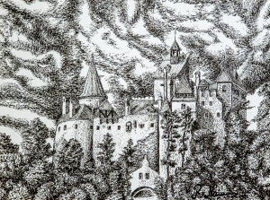 Bran castle in Romania, pen on paper