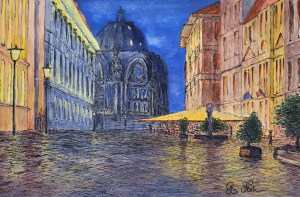 Bucharest Cafe at dusk, water color on cotton paper