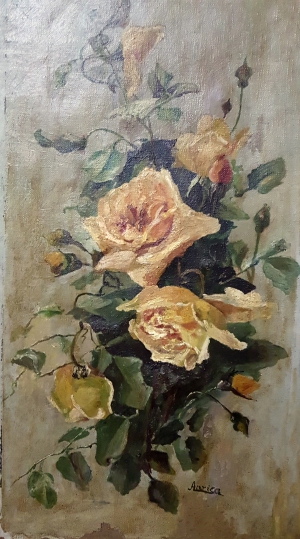 Painted by my grandma: vase with roses: Restoration, oil on canvas