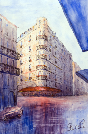 Paris Cafe after the rain, water color on cotton paper