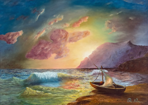 Stranded boat at sunset, oil on canvas