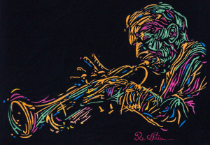 The trumpet player, perlescent water color on paper