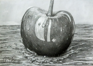 Cherry impacting water. pencil on paper