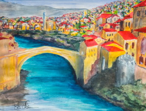 Mostar Bridge by day, water color on cotton paper